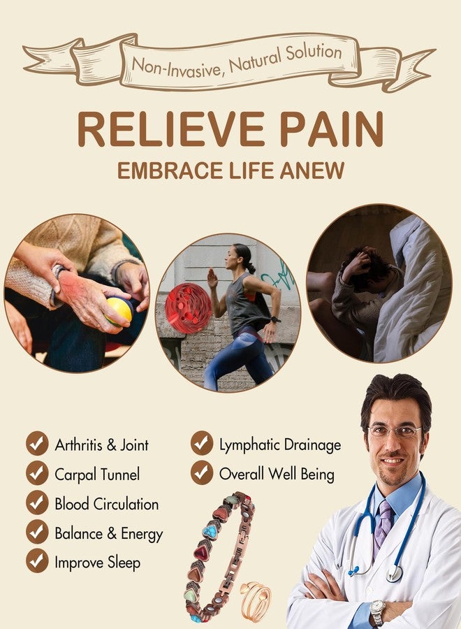 Feraco Pure Copper Bracelets & Rings for Women, Ultra Strength Magnetic Copper Bracelet with 3800 Gauss Magnets, Natural Turquoise & Stones, Adjustable Jewelry Gift (Heart Bloom) - Image 5